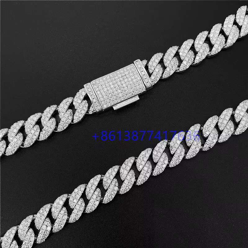 Zuanfa Hip Hop Bling 2 Rows 12mm 24 Moissanite Diamond Iced Out Cuban Chain Necklace Cuban Link Chain