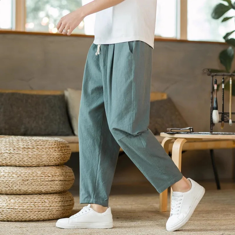 Mens Linen Lightweight Sports Pants Solid Color Breathable Jogger Loose Street Clothing 250411Z