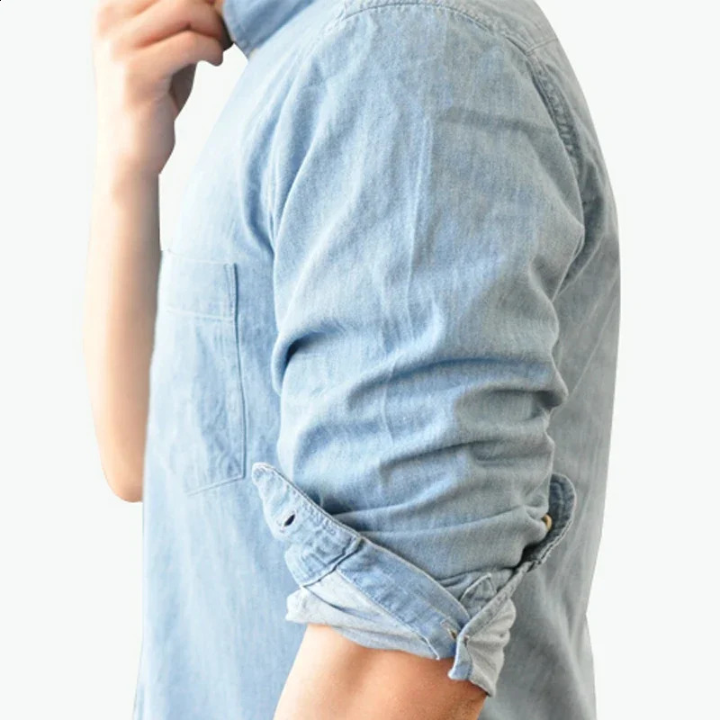 SauceZhan Chambray mens shirt long sleeved denim cotton casual wash dress jeans ultrathin 250411e