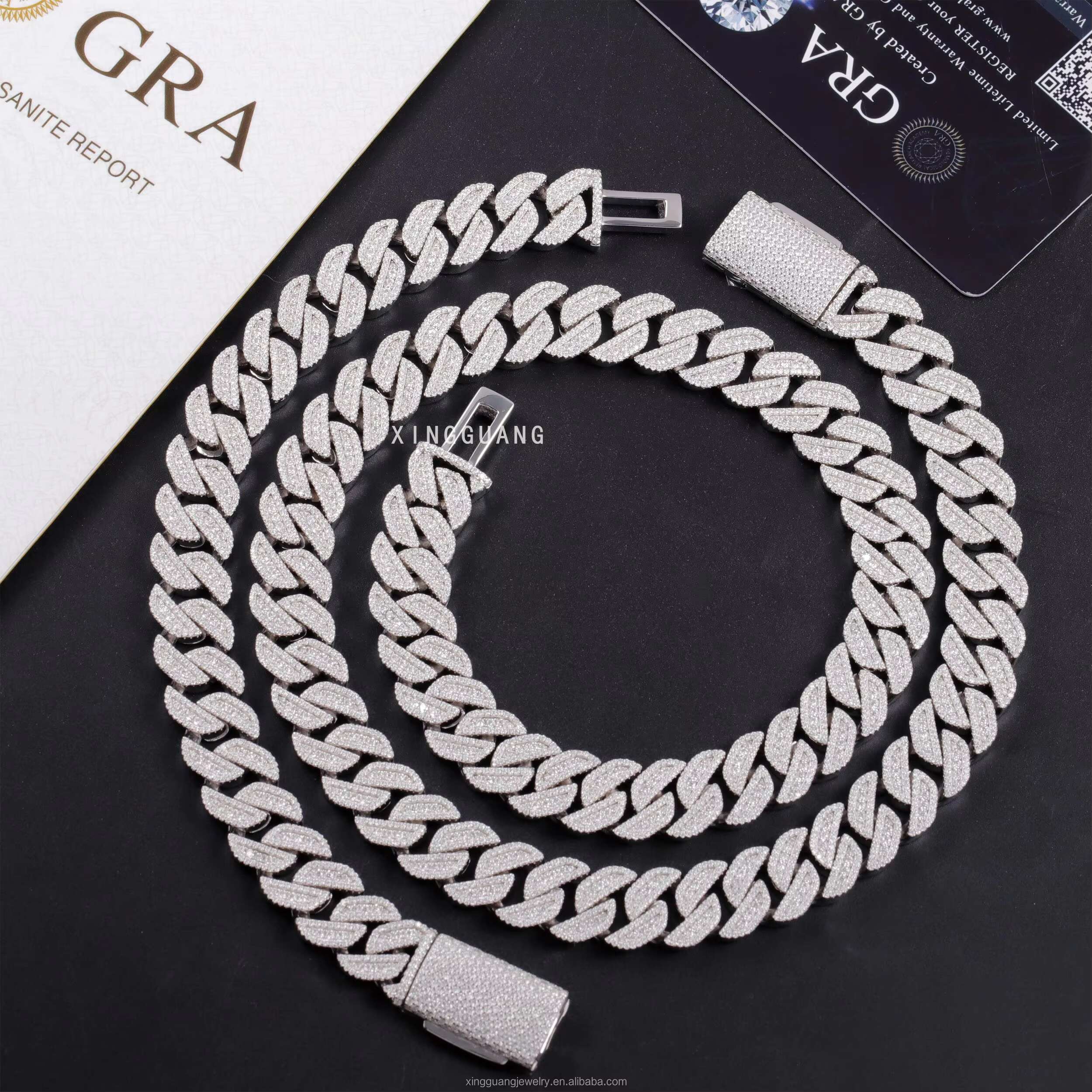 Heavy Hip Hop Necklace 15MM 3Rows Rhombus Chain S925 Silver Cuban Link White Gold Plated Moissanite Diamond Cuban Link Chain