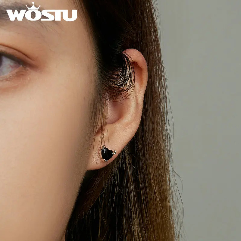 WOSTU Classic 100% 925 sterling silver devil heart earrings Exquisite black zircon earrings Exquisite anniversary jewelry 250409