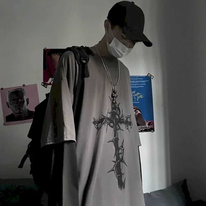 Y2K retro long sleeved mens T-shirt autumn cross print oversized Harajuku street mens T-shirt M250411