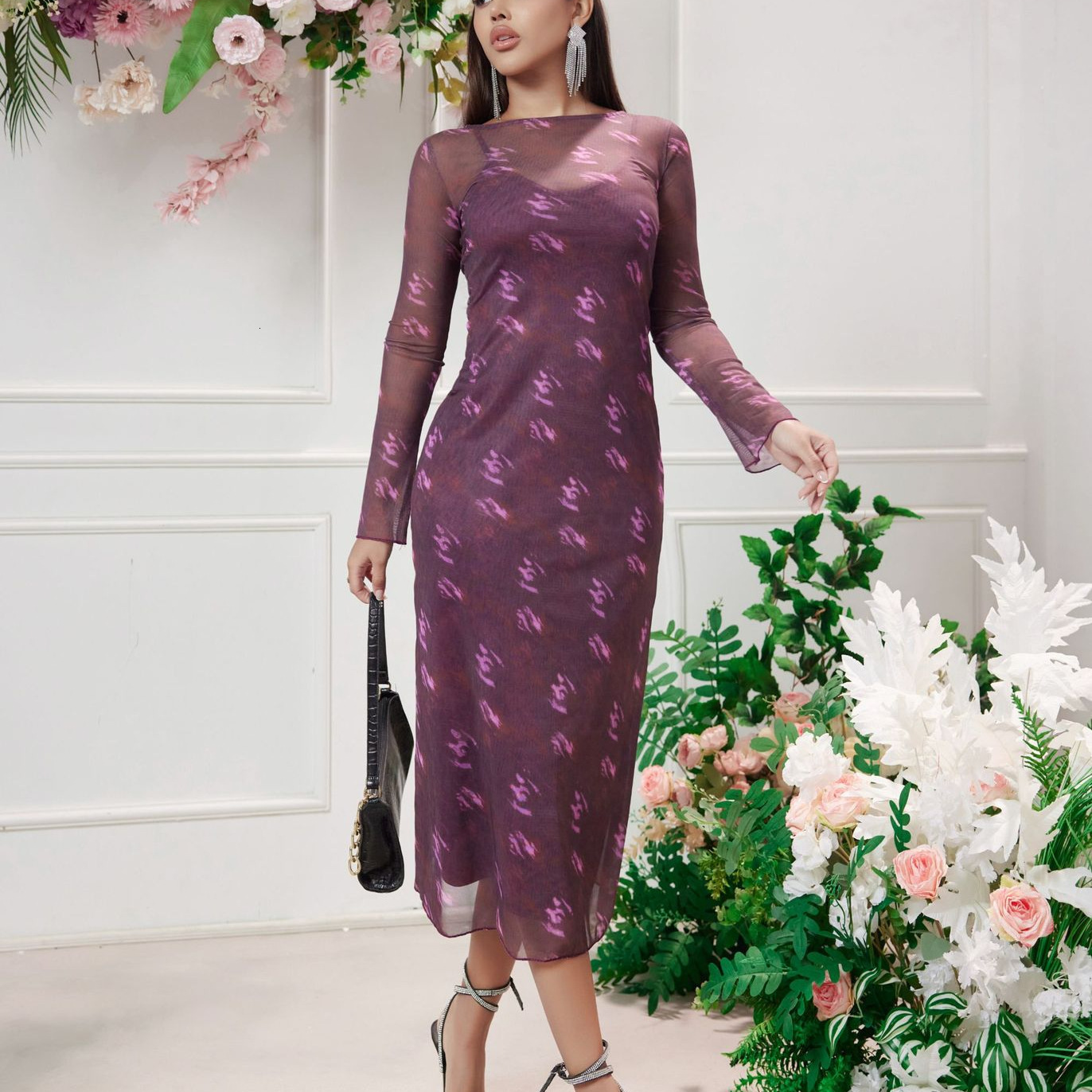 2025 Summer Women's New Elegant Mesh Printed Two Piece Dress Set
