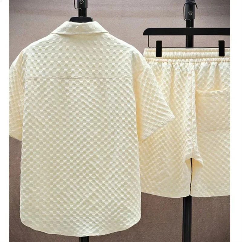 Mens Set High Quality Ice Silk Plaid Short Sleeved Lapel Shirt Shorts Two-piece for Men Korean Casual Oversize Clothing 250409