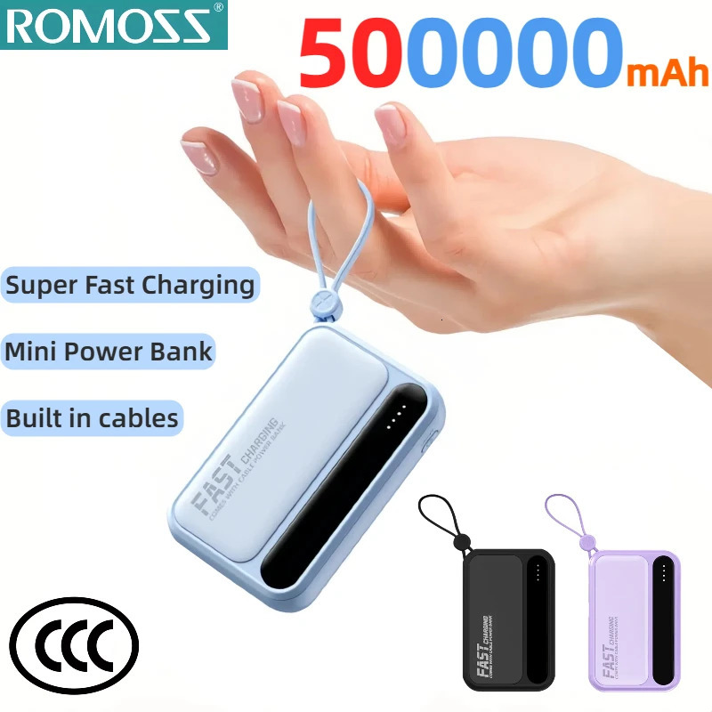ROMOSS 4 In1 Power Bank 500000mAh Large Capacity Built in Cables Intelligent Digital Display Light Portable Battery For iPhone 251110
