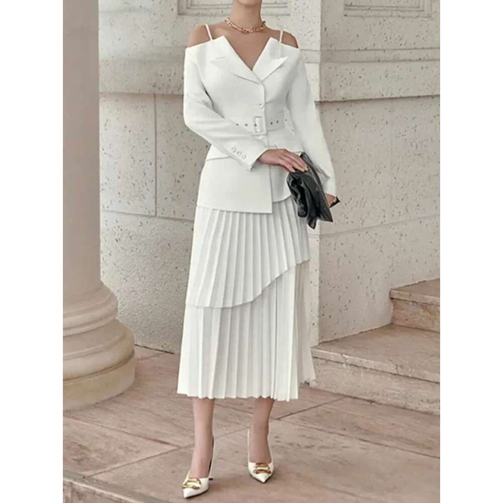 TWOTWINSTYLE Solid Two Piece Set For Women Slash Neck Long Sleeve Tunic Coat High Waist Temperament Skirt Sets Female Fashion