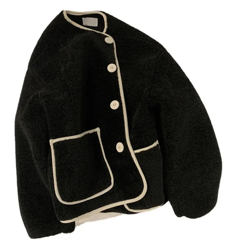 Winter Loose Short Thickened Lamb Fur Jacket Simple Style Small Size Elegant Top Polyester Fiber Full Sleeve Coat 251103