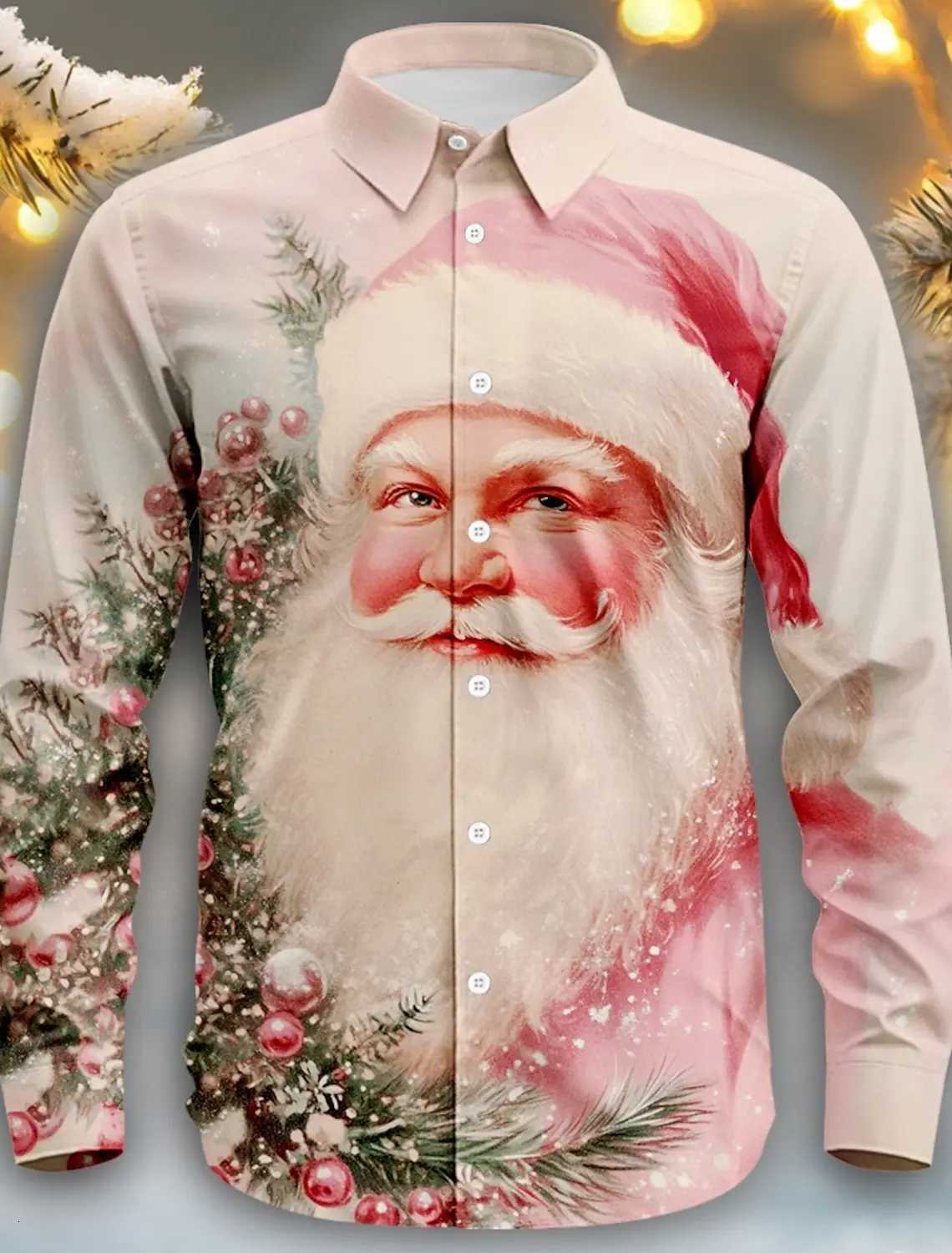 Christmas Santa Claus Casual Mens Button Up Shirt Long Sleeve Christmas theme Shirt Collar Button Up 3D Print Thin Polyester K251110