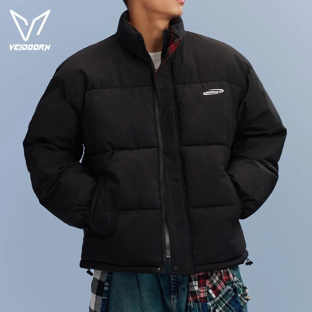 Veidoorn Unisex Short Parka Coat with Stand Collar Warm Thermal Puffer Jacket for Winter Puffy Outdoor Streetwear 251106