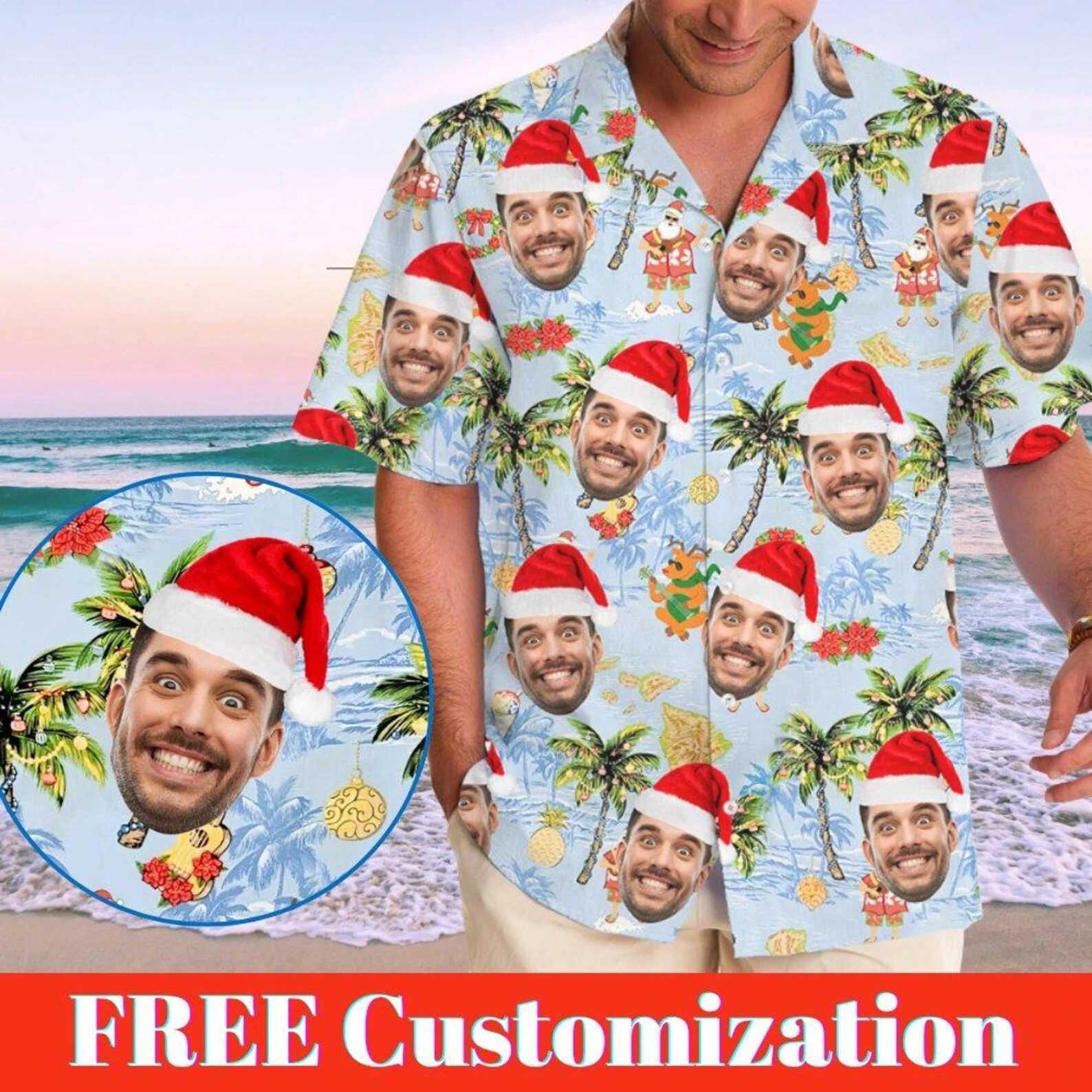 Funny Unisex Hawaiian Custom Christmas Face 3D Photo Print Button Diy Photo Shirt Short Sleeve Designer Shirts Clothes Xmas Gift K251110