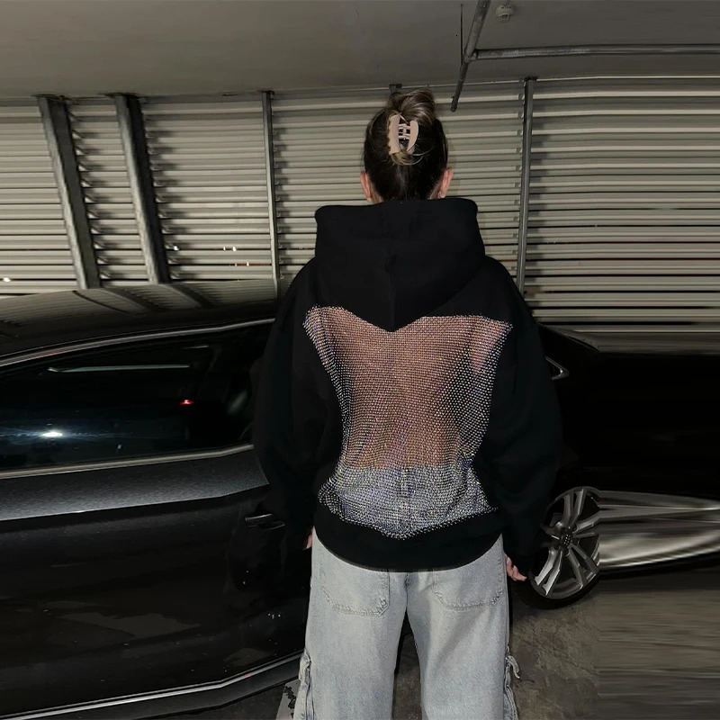 Women Backless Long Sleeve Gothic Sweatshirt Sexy Hollow Mesh Hoodie Shiny Translucent Y2K Pullover Lady Spicy Girl Top 251105