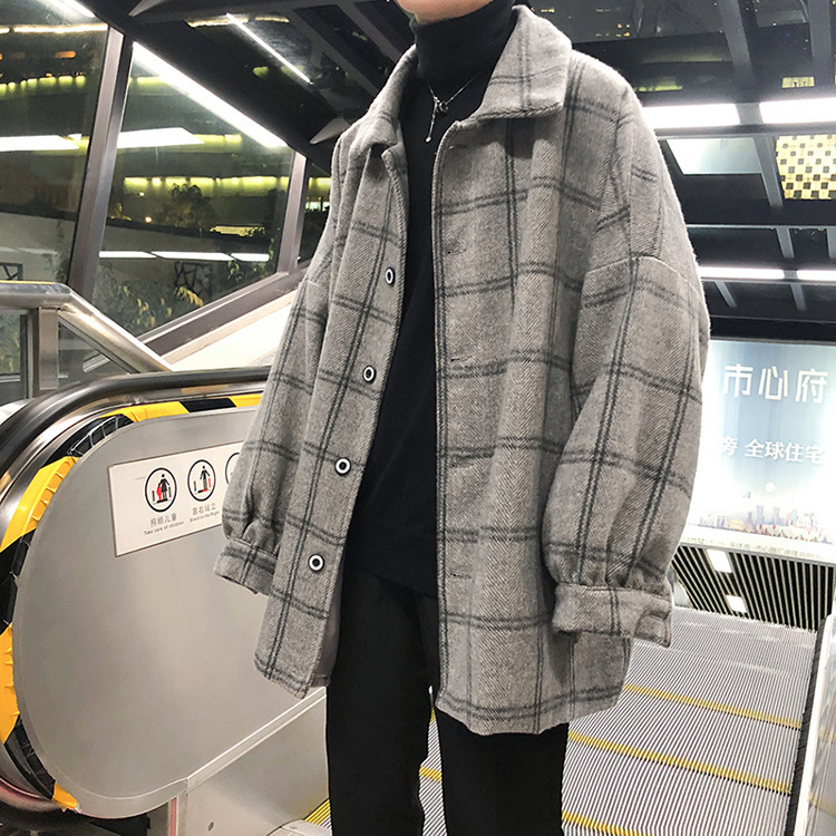 Youth Trend Woolen Plaid Jacket for Men Loose Thin Coat Top