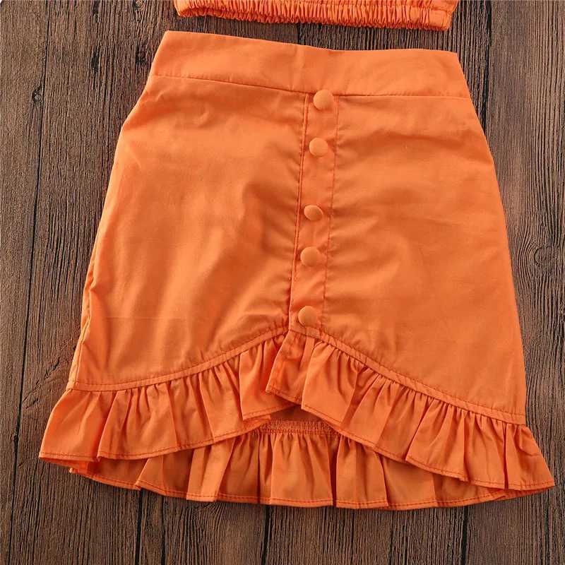 1-5 Year Old Preschool Girls Orange Clothing Set Shoulder Cut Top Ruffle Girls Summer 2-piece SetXJ250410