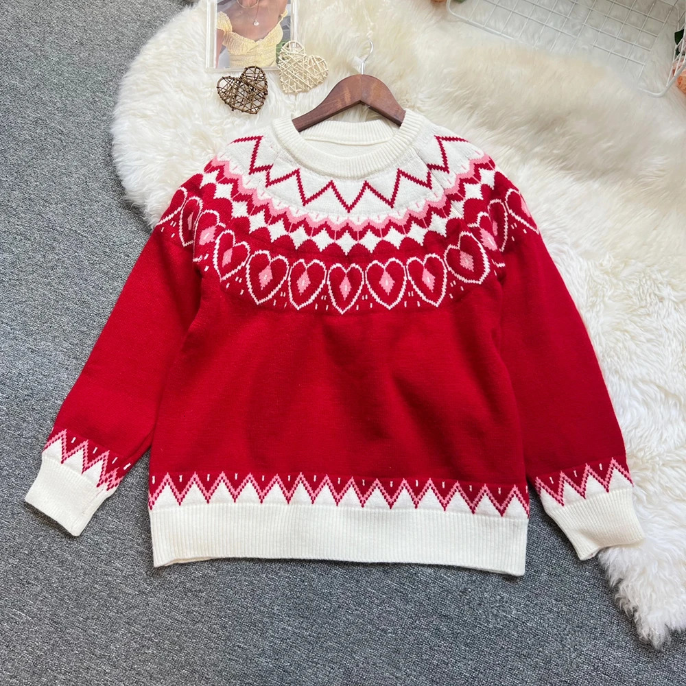 YuooMuoo Fashion Christmas Red Pullover Sweaters Women Autumn Winter Romantic Heart Knitted Fair Isle Sweaters Shirts 251106