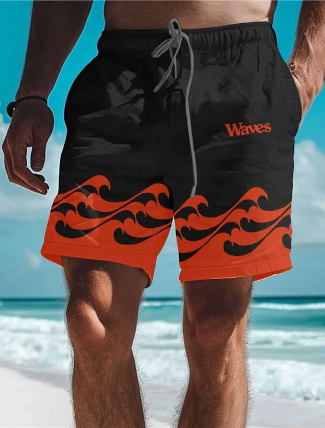 Waves Mens Resort 3D Printed Board Shorts Swimming Rod Elastic Waist Pull Rod Hawaiian Beach Style Letter Design ShortsW250410