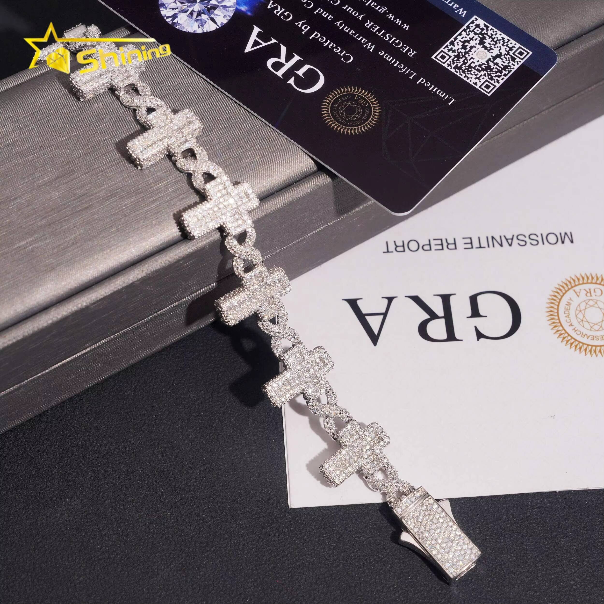 Moissanite Pass Diamond Test Men Bracelet Gold Plated S925 Moissanite Sparking Hop Hip Iced Out Cross Cuban Link Bracelet