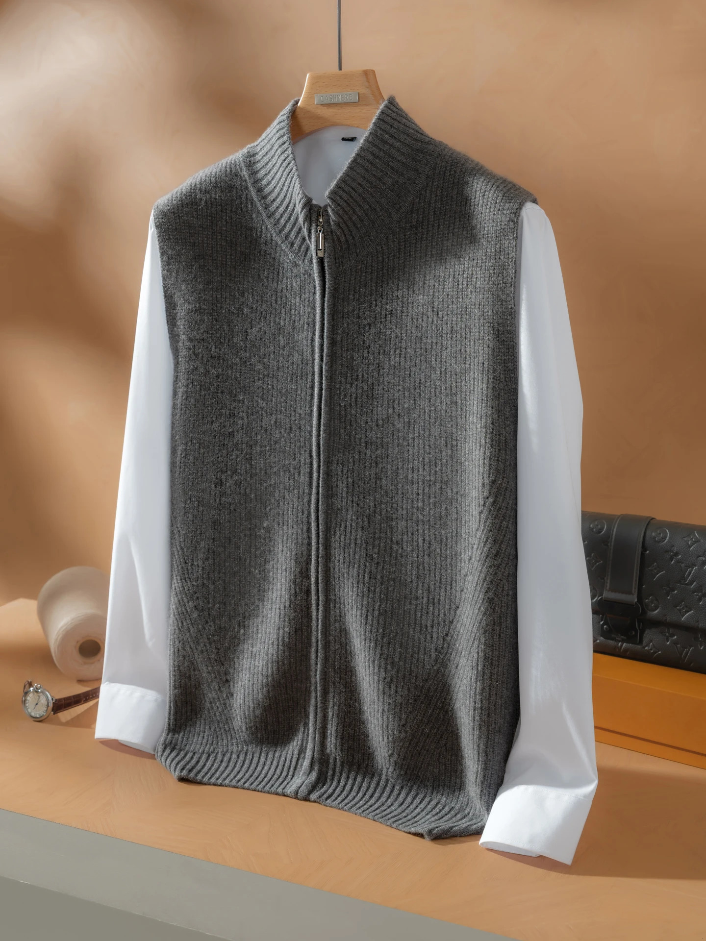 100 Cashmere Cardigan Vest Sweater Autumn Winter Men Mock Neck Zipper Sleeveless Soild Smart Casual Knitted Waistcoat Highend 251104