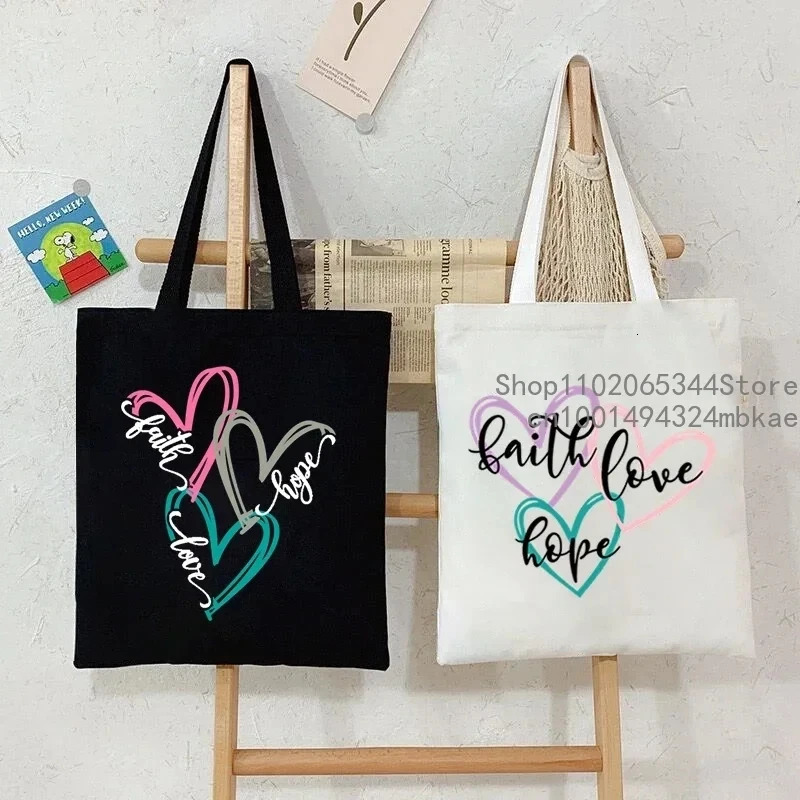 Faith Printed Heart Graphic Canvas Shoulder Tote Bag Casual Fashion Shopping Cases Storage Handbag Christian Gifts 251110