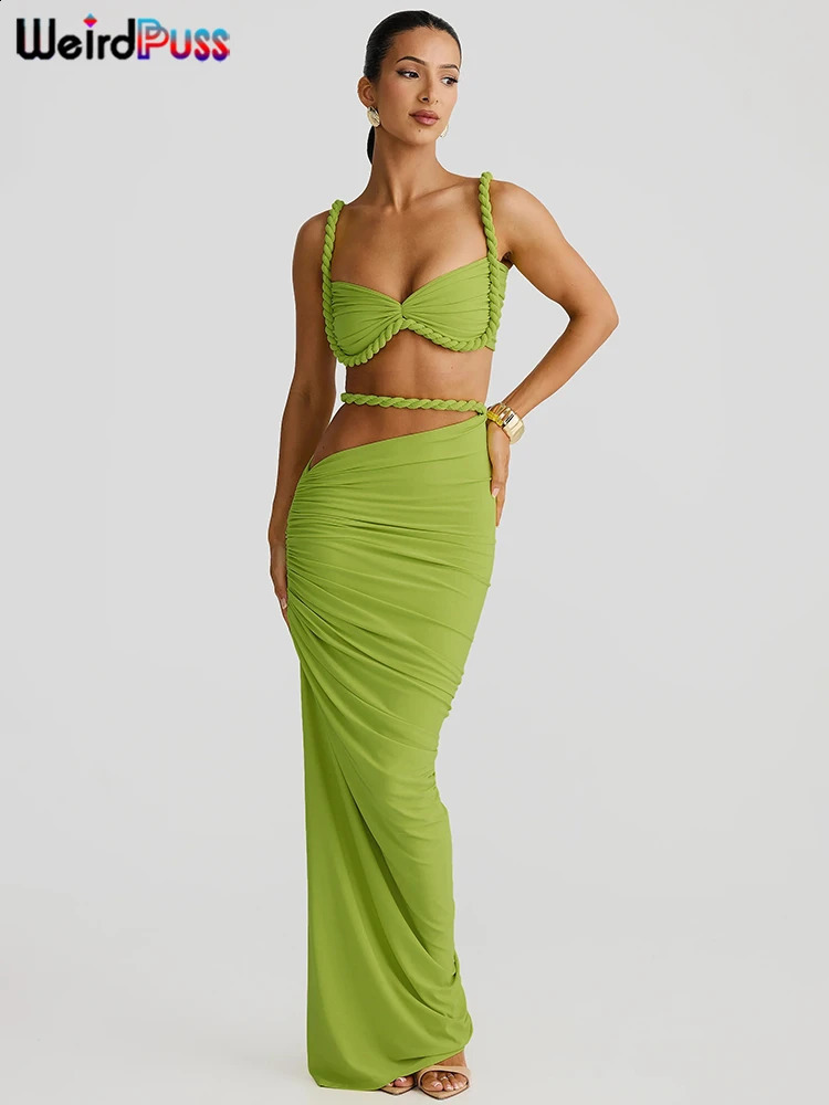 Weird Puss Square Collar 2 Piece Set Women BraSkinny Long Skirts 2025 Summer Bandage Ruched Vacation Beach Party Trend Suits 250409