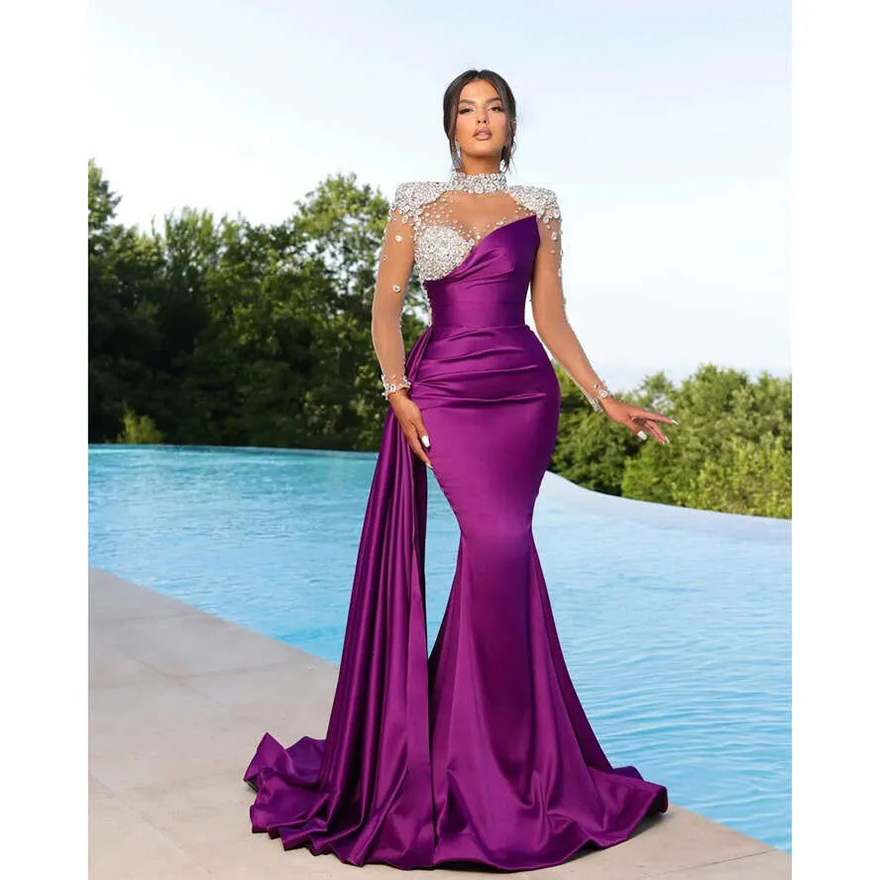 Peach Elegant Black Purple Mermaid Evening Dresses High Neck Sheer Appliques Beads Illusion Long Sleeve Pleats Ruffles Formal Ocn Prom Gowns