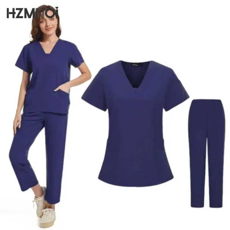 New Scrubs Nurse Uniforms Short Slve V-neck Top+Straight Pants Women Multicolor Nursing Scrubs Set Pet Doctor Medical Workwear X250410