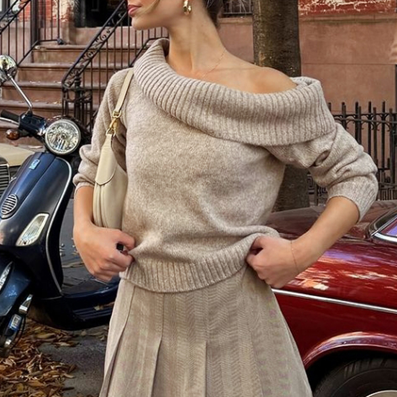 Women's solid-color tops, one-shoulder long-sleeved sweaters, fashionable and popular sweaters, romantic and casual,women's outwear tops---T