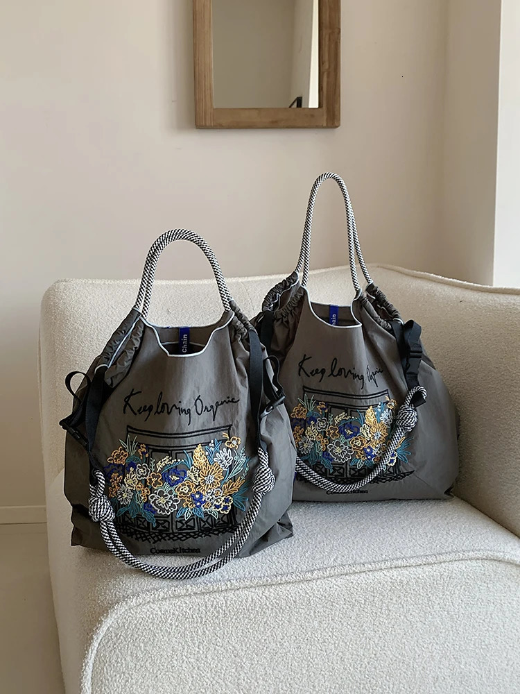 Womens shopping bag nylon cloth ethnic style embroidered window cut pattern Bohemian large capacity Tote ba 251110