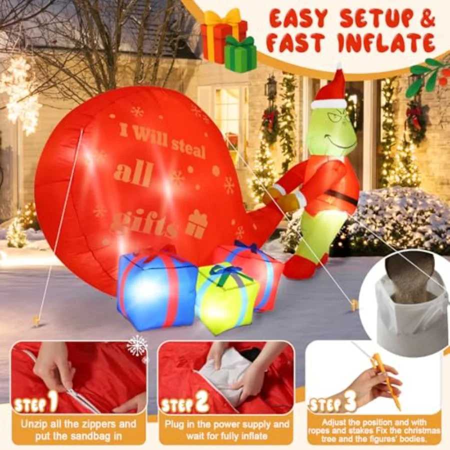 Christmas Christmas Green Big Monster Inflatable Decorations 55FT Lighted Up Outdoor Inflatable Decor with Builtin 8 LED Lights for Gard Y251111