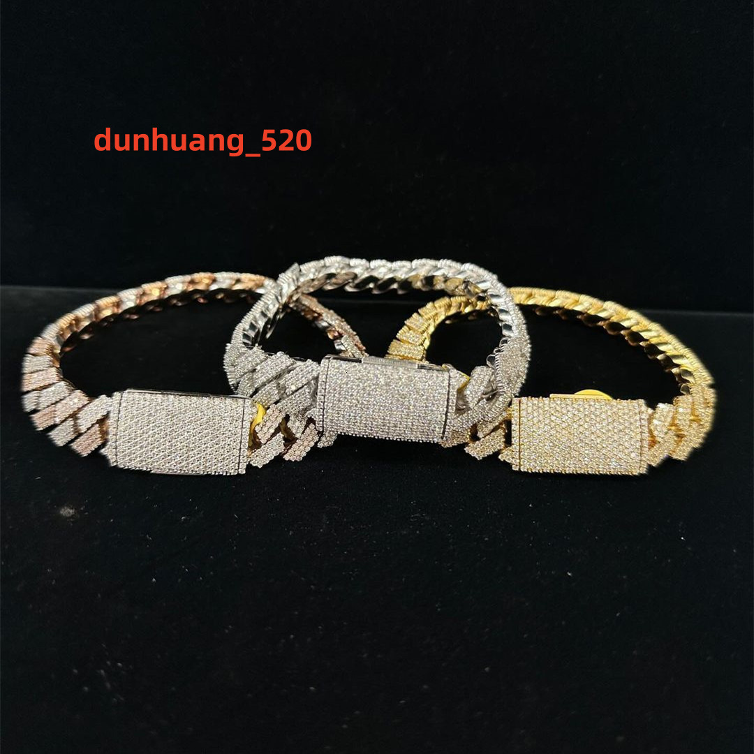 Pass Diamond Teste Hiphop Flower Set Clasp Solid Silver 925 Hip Hop Iced Out Cuban Link Bracelet with Moissanite Diamond