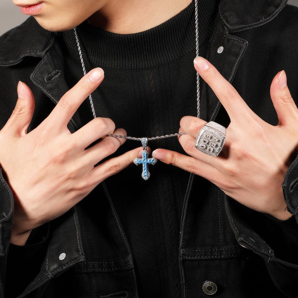 Hip hop New Blue moissanite 925 silver Cross Mens Necklace Diamond chain Jewelry