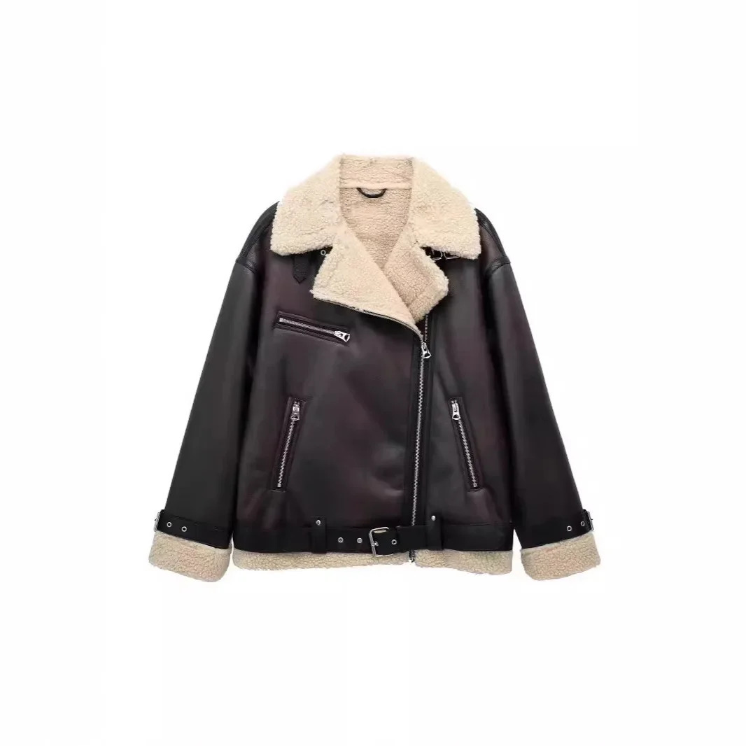 Double-Sided Lamb Velvet Jacket with Belt Womens Winter Fashion Polyester Fiber Full Sleeve Loose Fit Coat Integrated Leather A 251105