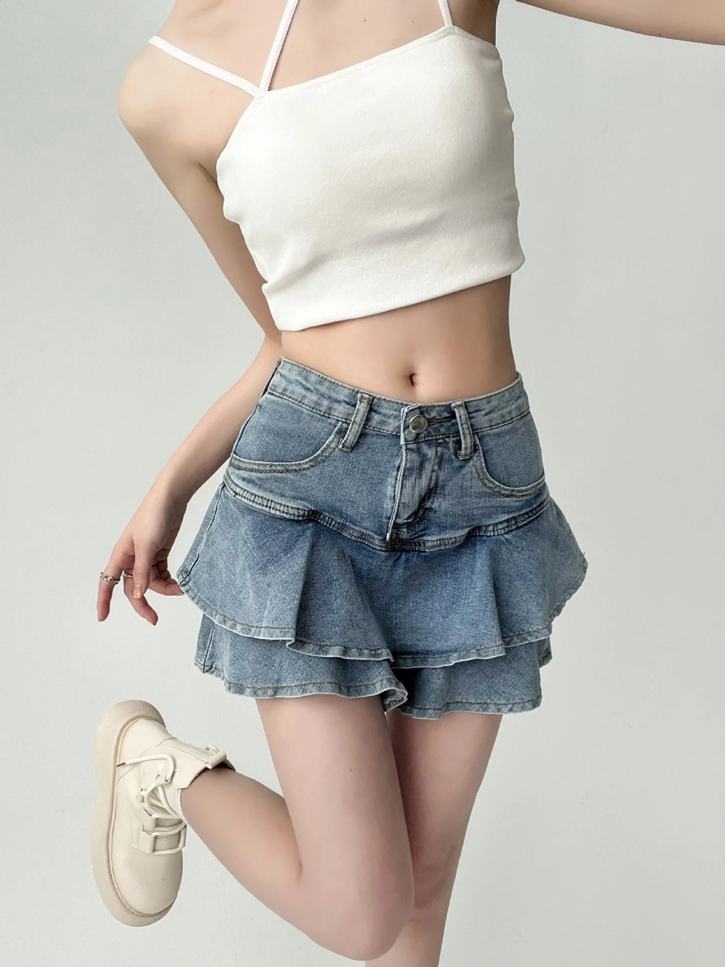 Spice Denim Leather Anti Slip Double Denim Leather Womens Elastic High Waist Weight Loss A-line Cake Leather 250408