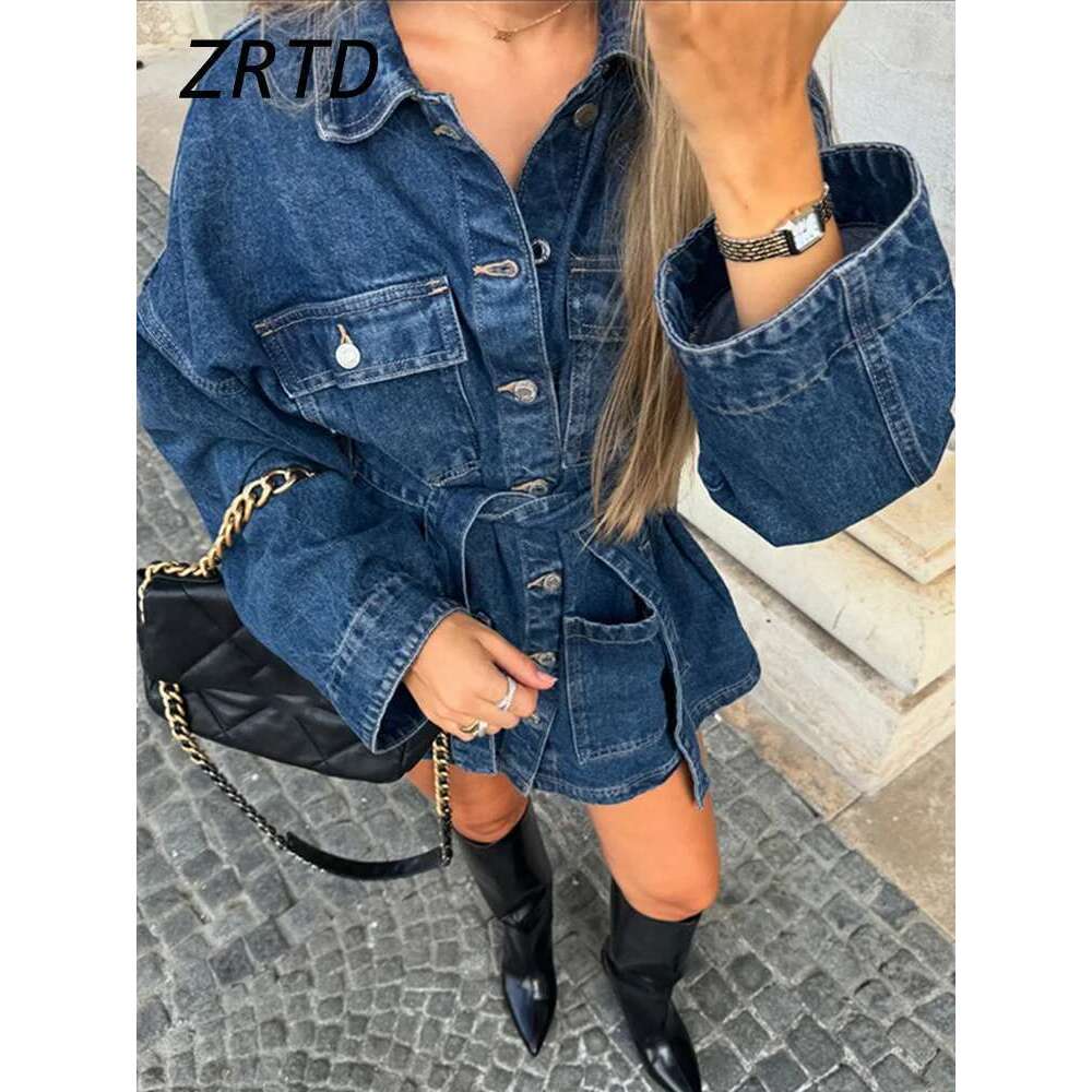 Street Women's Denim Jackets With Belt Slim Lapel Single-Breasted Pockets Washed Jacket 2025 Spring Lady Y2k Casual Outwear New