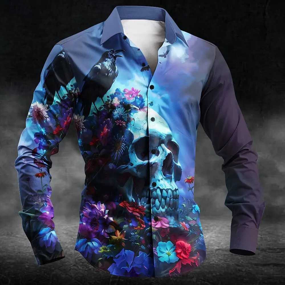 2025 Halloween Mens Letter Printed Blood Stains Shirt Button Up Shirt Long Sleeve Dark Punk Gothic Style Streetwear Mens Tops K251110
