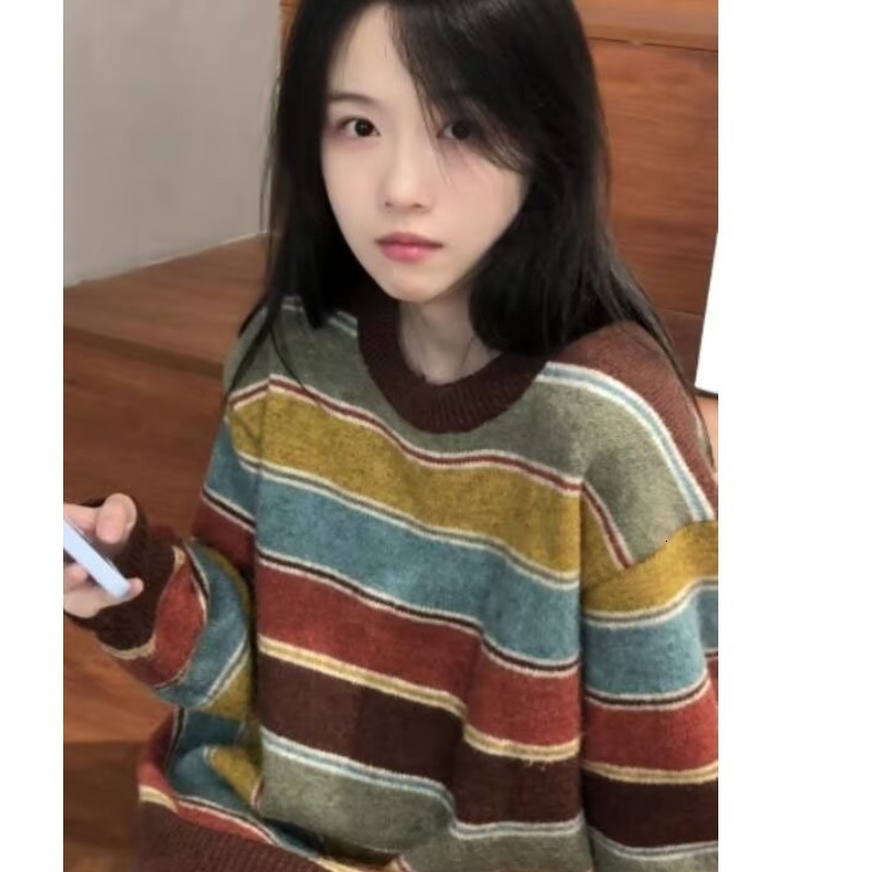 Women's Sweaters Y2k Aesthetic Sweaters O Neck Harajuku Pullover Womens Japanese Striped Jumpers Knitwear Autumn Grunge Contrast Color Pullovers 