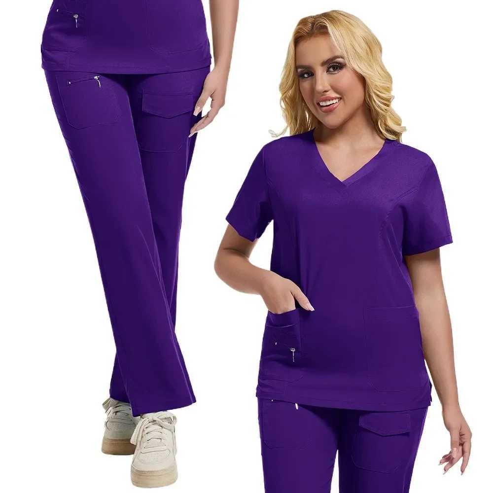 Workwear Nursing Women Scrubs Pants Elastic Working Uniform Women Short Slve Neck Tops Dental Hospital Scrubs Suits X2504108