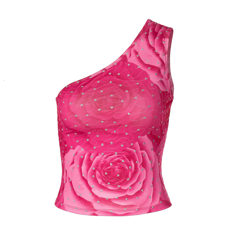 Hot selling summer new French slanted shoulder printed hot diamond top short style exposed navel spicy girl slim fit vest