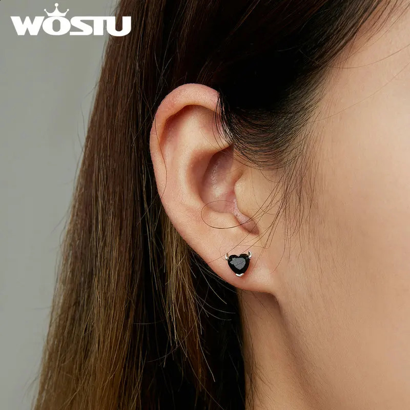 WOSTU Classic 100% 925 sterling silver devil heart earrings Exquisite black zircon earrings Exquisite anniversary jewelry 250409