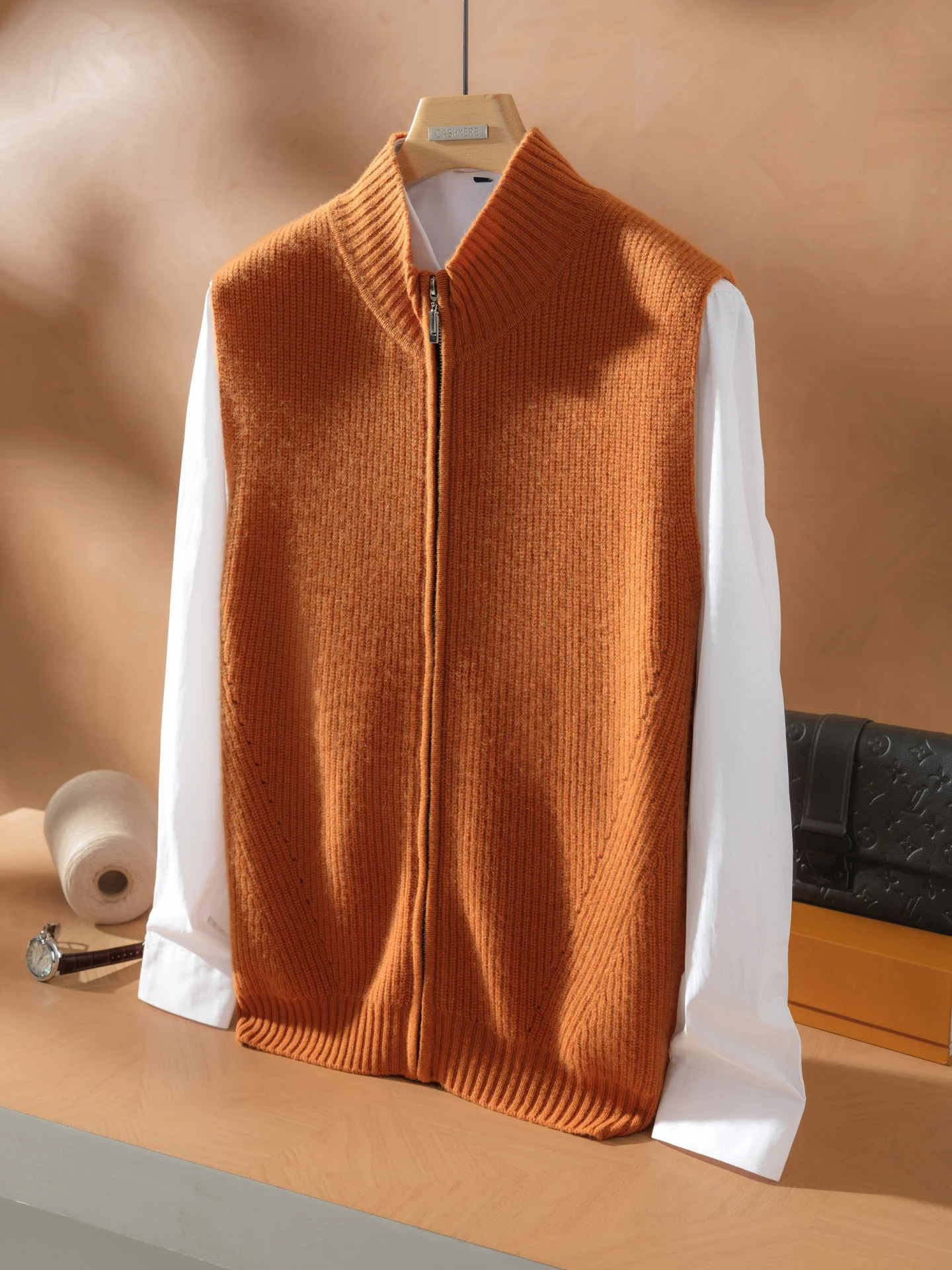 100 Cashmere Cardigan Vest Sweater Autumn Winter Men Mock Neck Zipper Sleeveless Soild Smart Casual Knitted Waistcoat Highend 251104