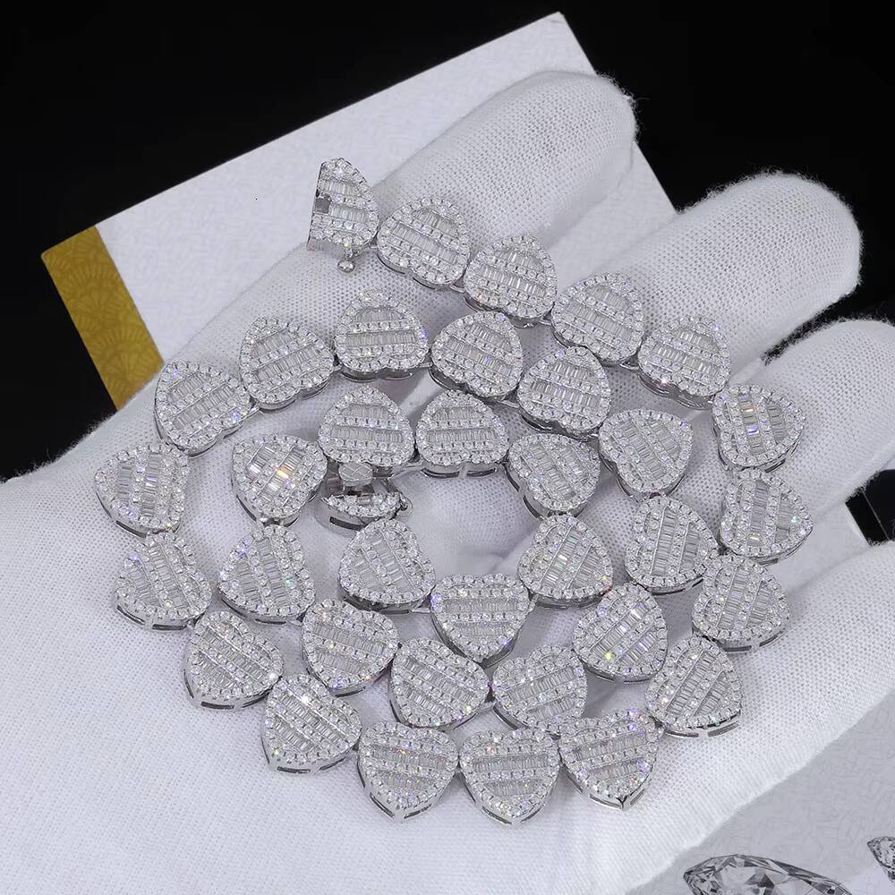 NUOYA 12mm Iced Out Baguette Moissanite Clustered Tennis Chain 925 Sterling Silver Heart Shape Tennis Chain Necklace for Women