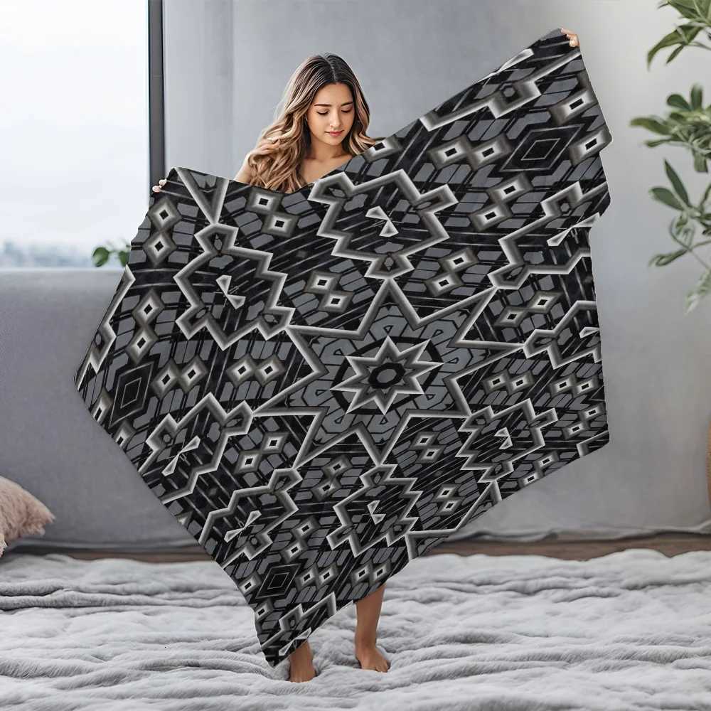 Black Gray Geometric Pattern Fleece Blanket Throw Soft Warm Bed Sofa Cover Decorative Throw Blanket C251111