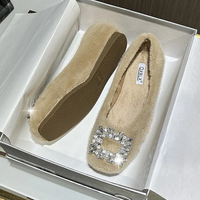 Rhinestone Buckle Fur Shoes Woman Rabbit Hair Flats Soft Furry Loafers Winter Square Toe Cotton Mocasines Mujer Fluffy Ballerina 251110