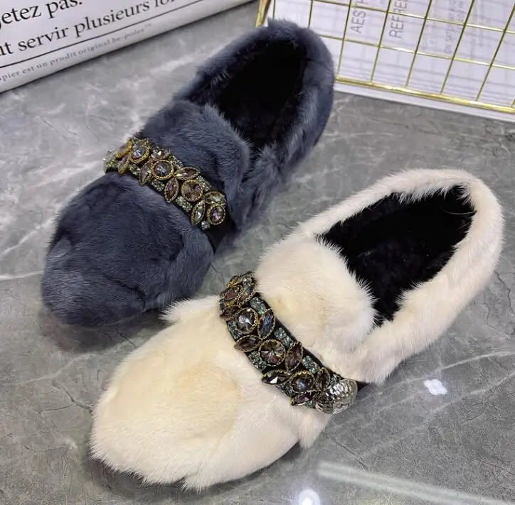 Winter Mink Fur Rhinestone Crystal Belt Flats Fur Shoes Slip On Full Fur Leisure Loafers Woman Warm Fur Shoes 251110