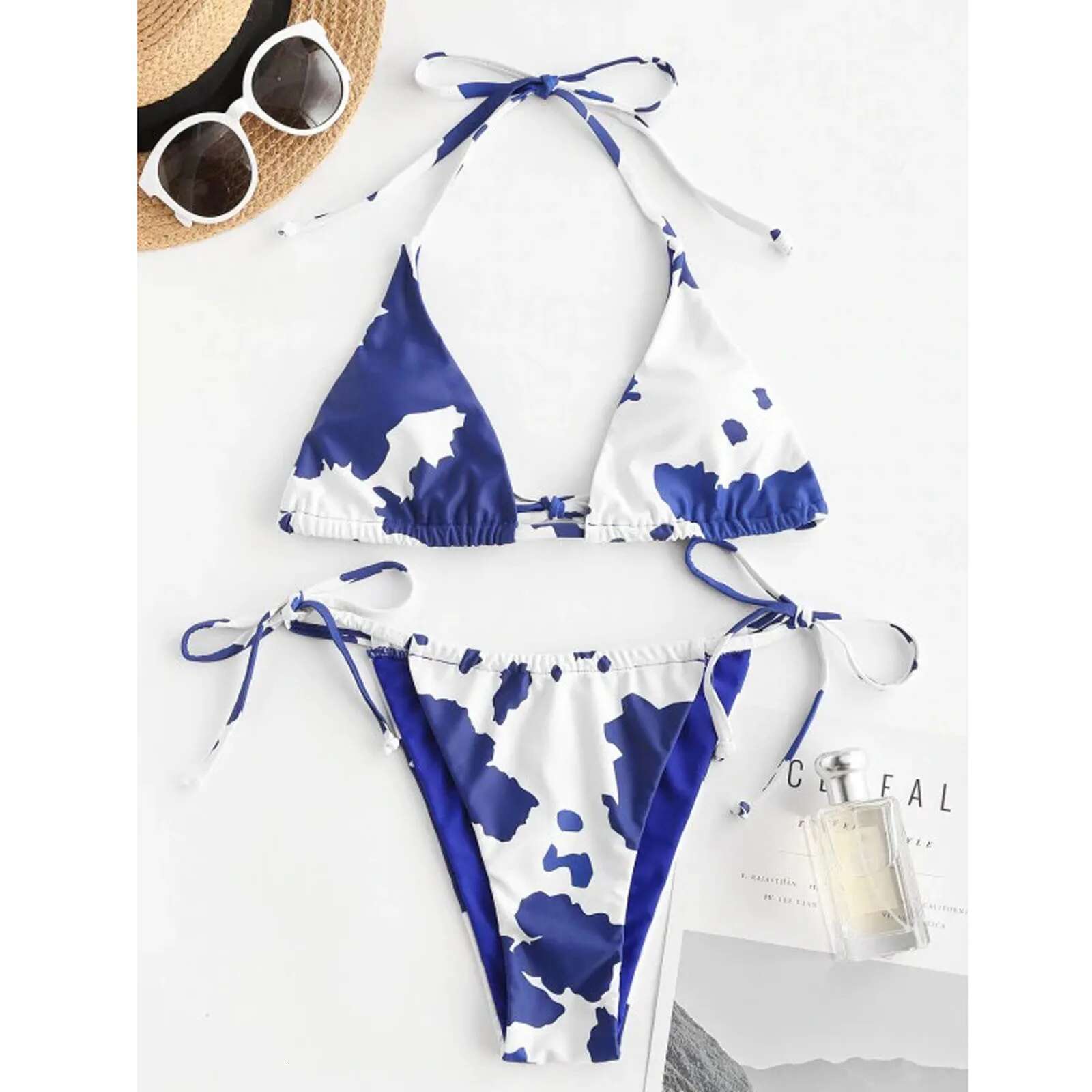 Ladies Cow Printed Suit Hanging Neck Low Waist Side Lace Up Three-point Split Bikini Swimsuit Sexy Bathing Suits