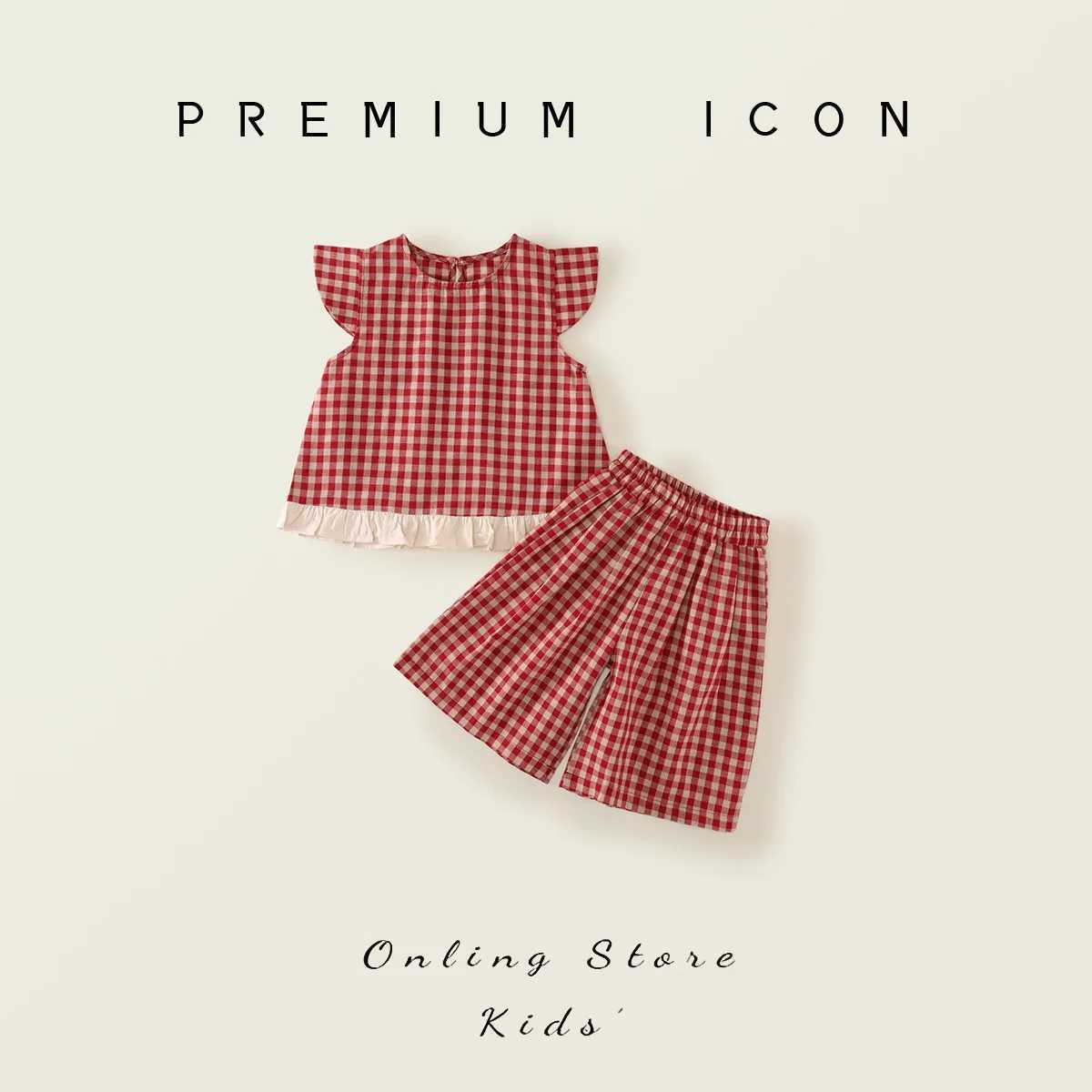 Summer Childrens Baby Girl 2PCS Clothing Set Cotton Fly Sleeve Red Grid T-shirt Set Loose Waist Shorts Set Childrens Girl SetXJ250410