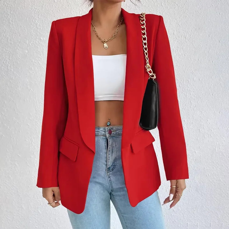 Spring womens solid polyester cotton non stretch long sleeved office jacket fashion outerwear 250407