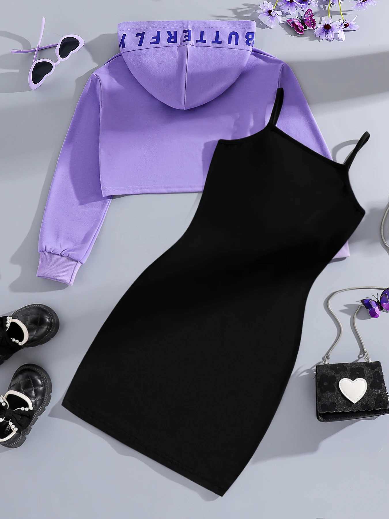 Spring and autumn childrens clothing girls fashionable outdoor casual purple hooded sweater+butterfly printed black vest setXJ250410