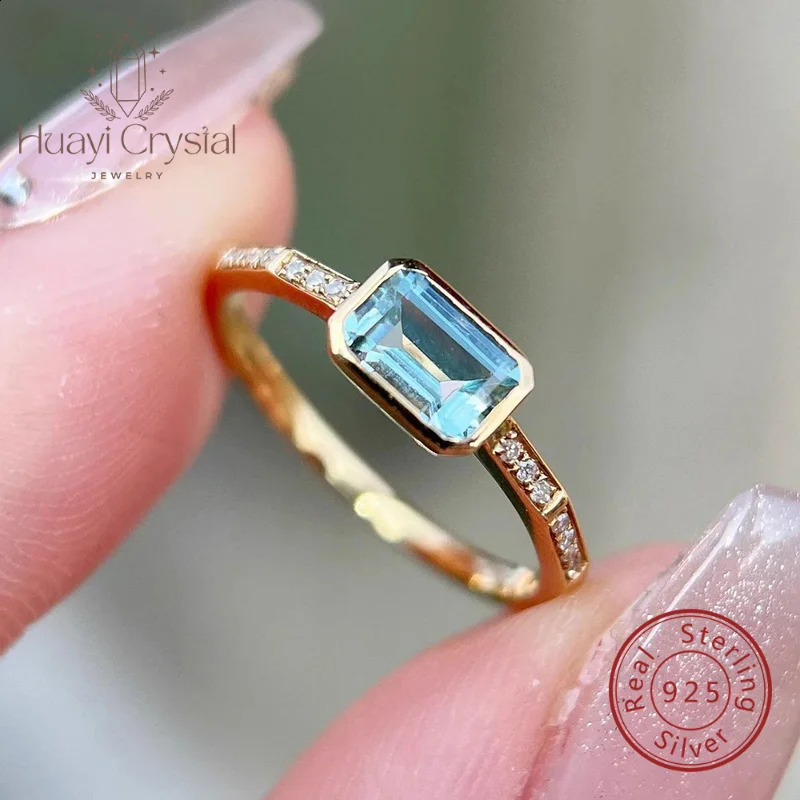 Refined S925 Sterling Silver Gold plated rectangle Aquamarine zircon Womens Ring jewelry Casualeasiest n Daily Ring 250411