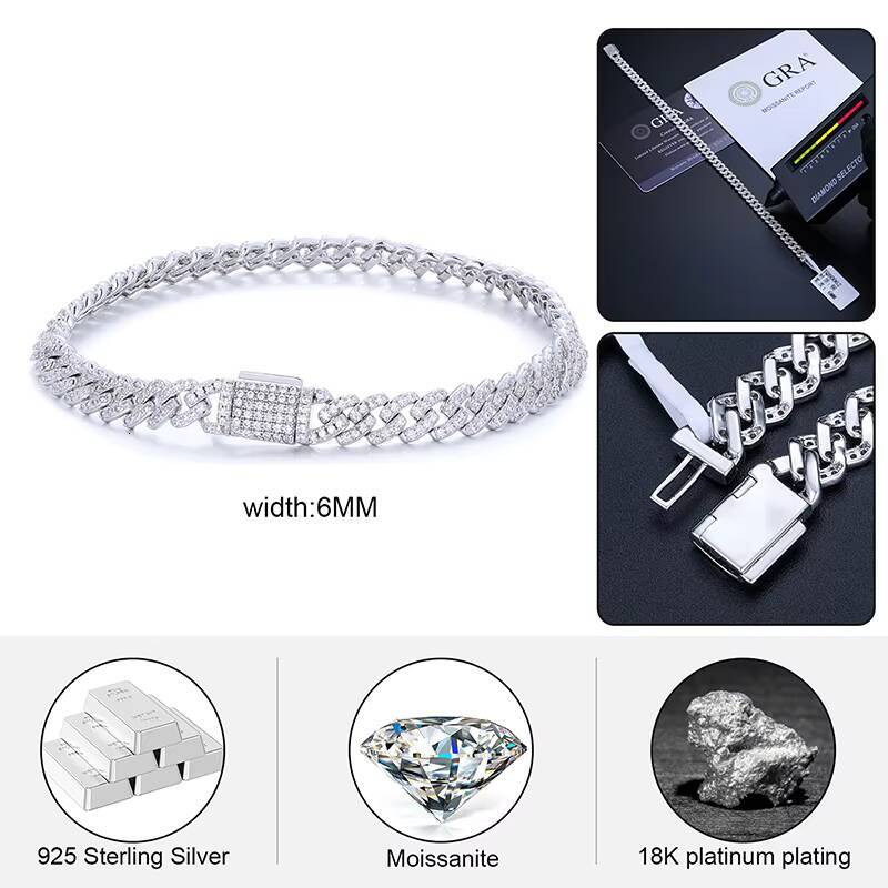 Cheap Price Pass Diamond Tester 6mm 925 Sterling Silver VVS Moissanite Iced Out Hip Hop Jewelry Cuban Link Bracelet Men Women