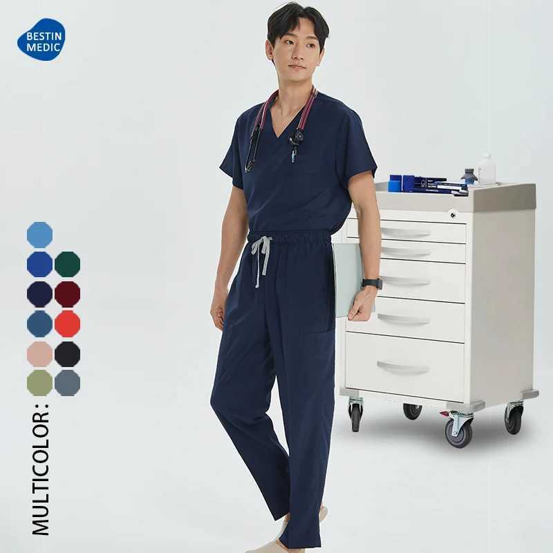 High quality mens medical uniform frosted set V-neck top pull pants hospital doctor set dental care slim set S23 X250410